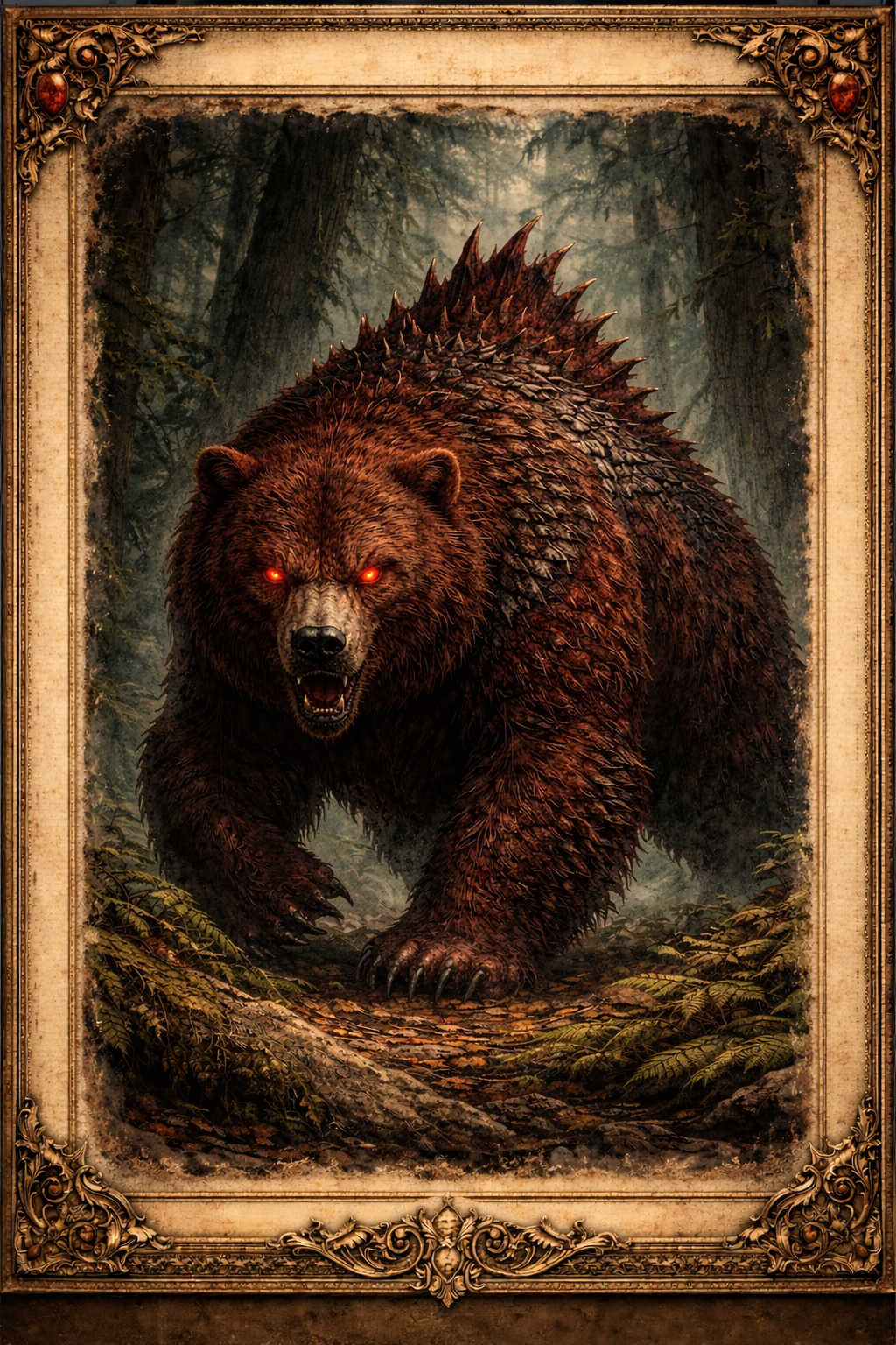Oso Rojo avanzando por un bosque antiguo